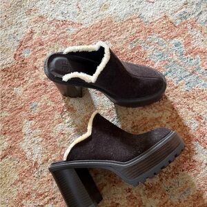 JustFab Dark Brown Shearling-Lined Mules